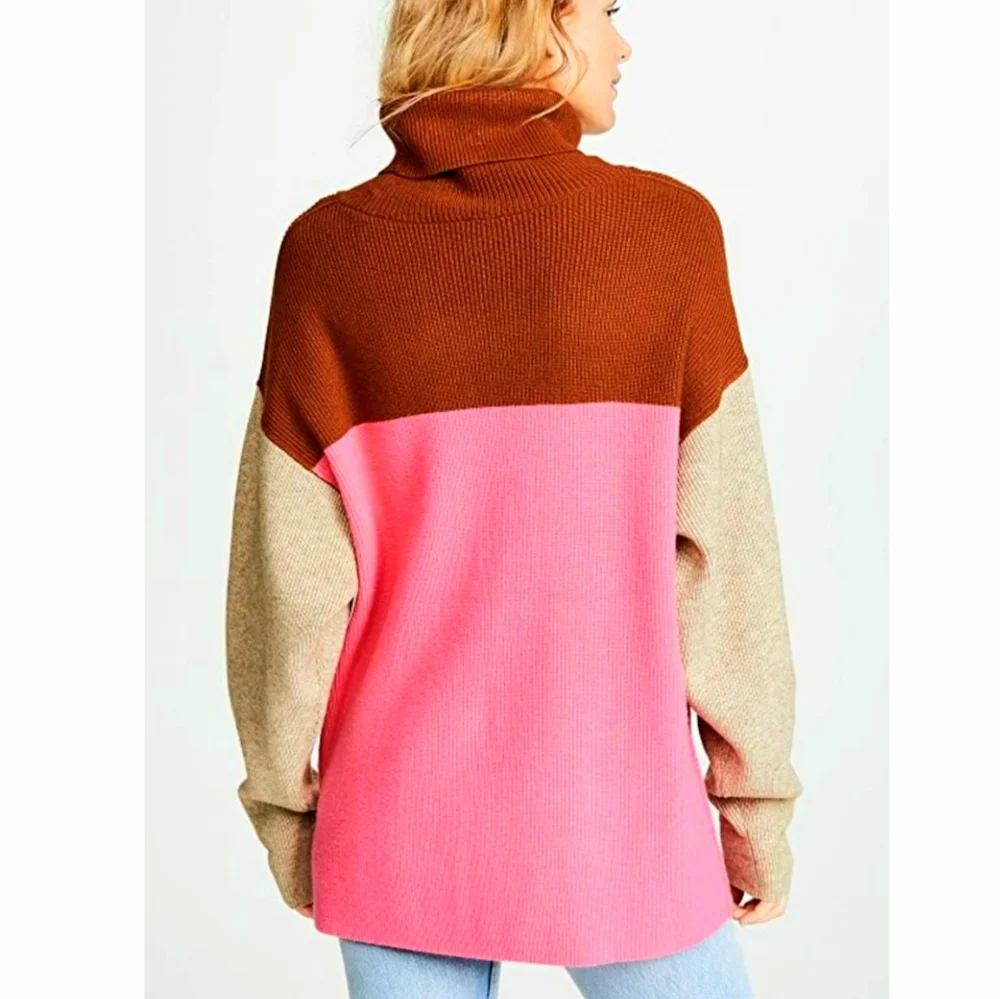 Free People Color Block Turtleneck Sweater in Pink Brown Tan - Picture 10 of 10